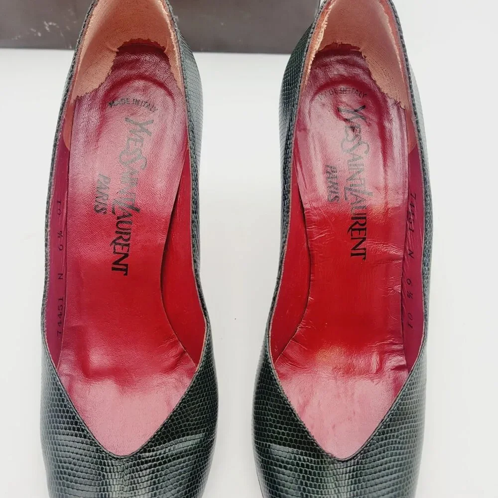 Vtg YVES SAINT LAURENT Green Python Triboo Heels Pumps Sz 6.5 Made In Italy - Picture 6 of 11